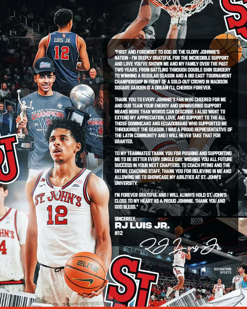 Rj Luis Jr. agradecimiento St. John’s
